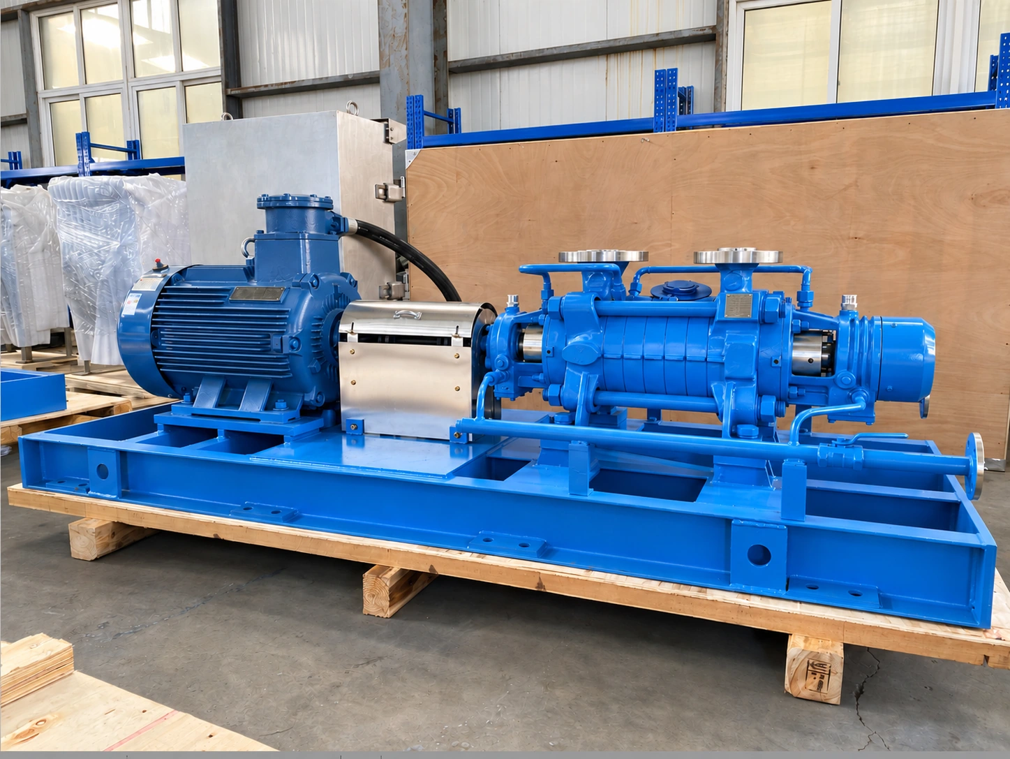 Pompe bleue à corps segmenté et moteur sur un châssis commun.