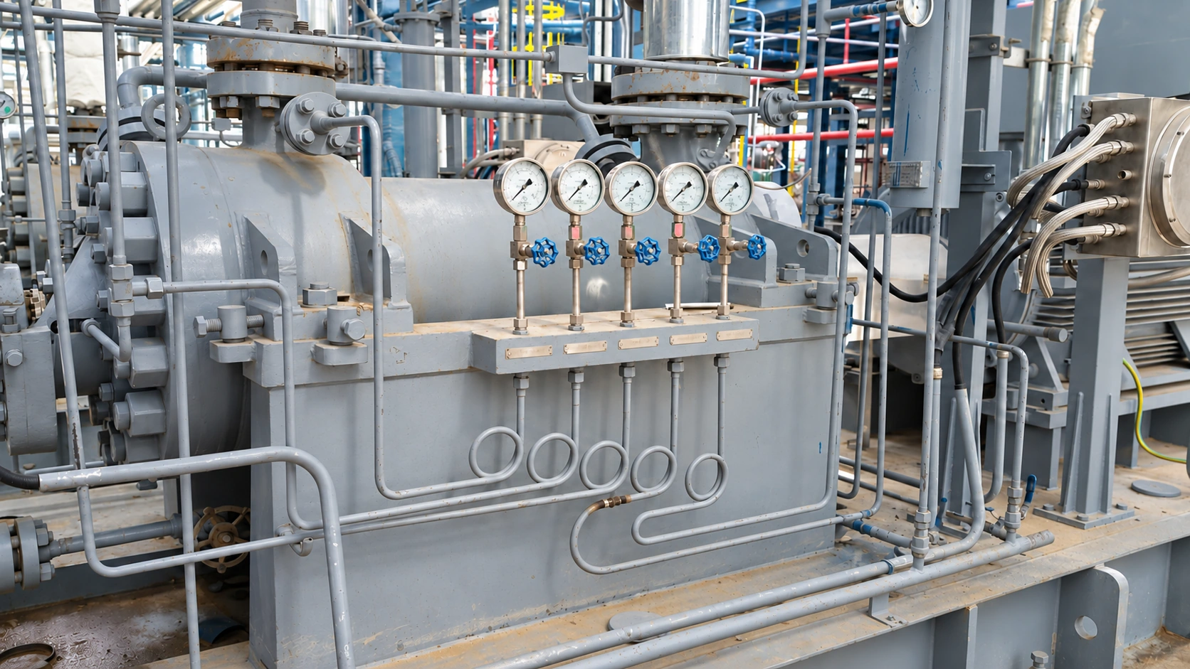 Groupe de pompage avec cinq manomètres, tuyauterie auxiliaire et moteur électrique.