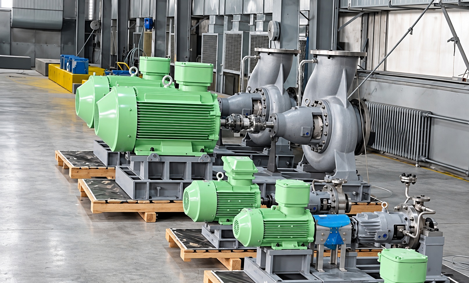 Groupes de pompage à moteur électrique disposés sur des supports de transport en bois.