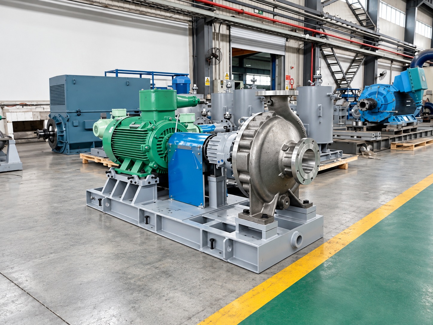 Groupe de pompage horizontal avec moteur vert et carter d’accouplement bleu.