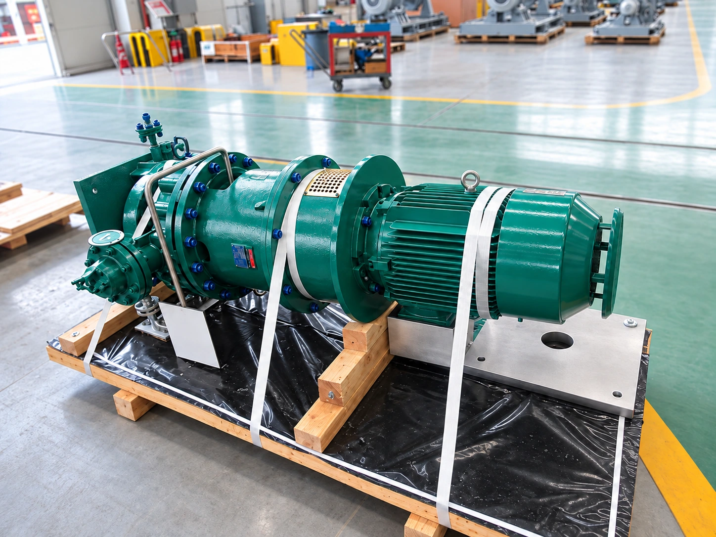 Groupe pompe-moteur vert fixé sur des supports de transport en bois.