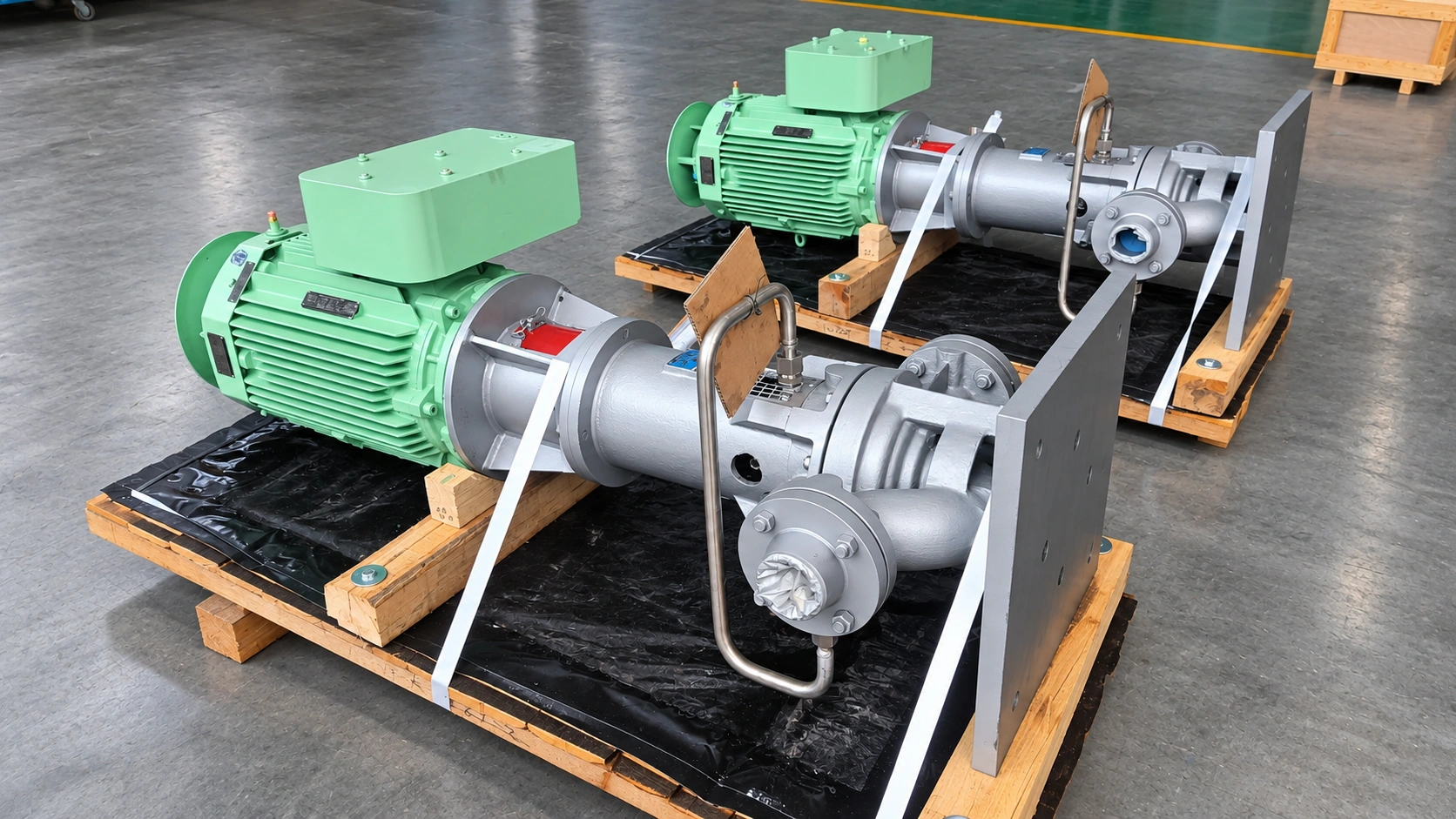 Deux groupes de pompage avec moteurs verts sur des supports de transport.