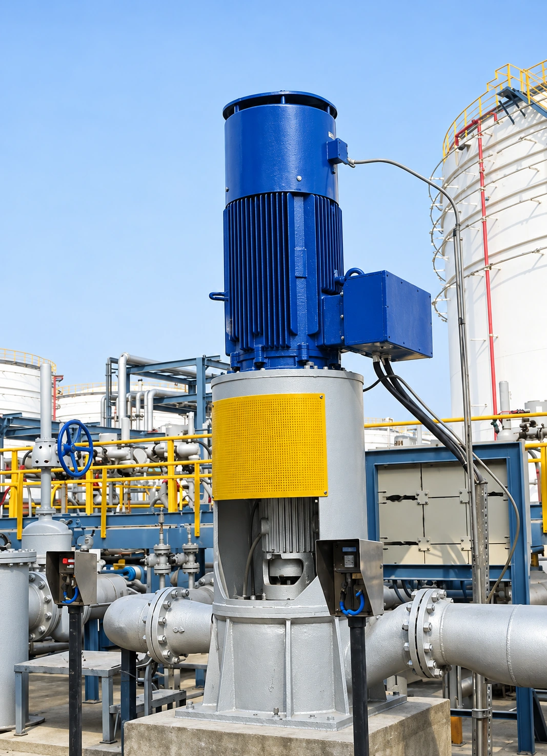 Pompe verticale en ligne installée, avec moteur bleu et carter d’accouplement jaune.